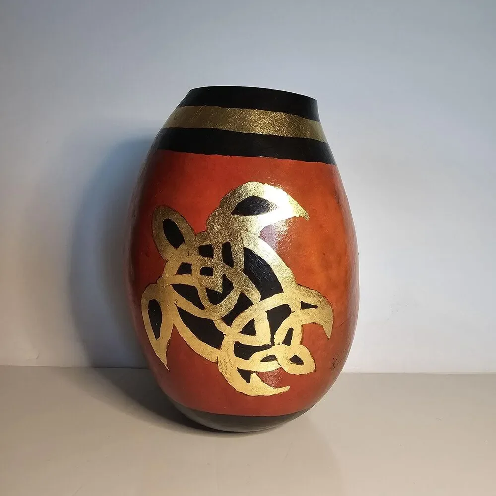 Vtg Folk Art Handpainted Gourd Turtle Design, signed by Linda Ougland